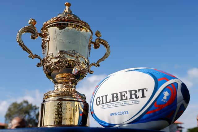 The 2023 Rugby World Cup will be held in France. Pictured is the Webb Ellis Cup trophy. (Photo by LUDOVIC MARIN/AFP via Getty Images)