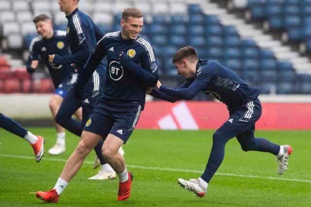 Lewis Ferguson (L) and Billy Gilmour during Scotland training at Hampden. (Photo by Craig Foy / SNS Group)
