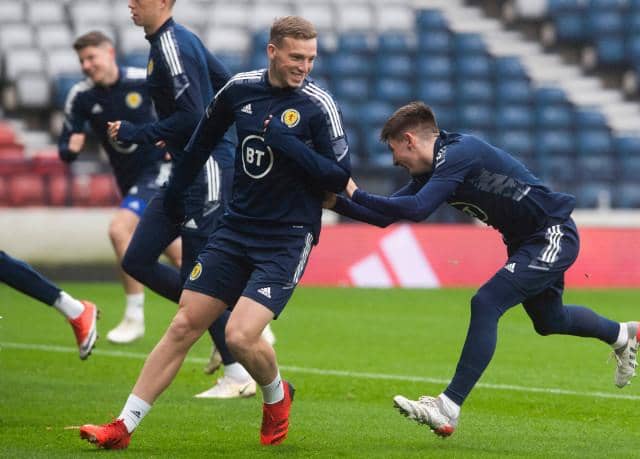Lewis Ferguson (L) and Billy Gilmour during Scotland training at Hampden. (Photo by Craig Foy / SNS Group)