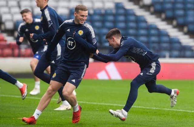 Lewis Ferguson (L) and Billy Gilmour during Scotland training at Hampden. (Photo by Craig Foy / SNS Group)