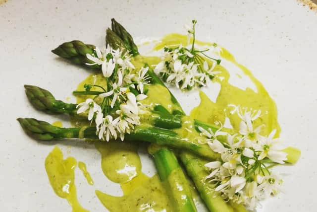 Bridgeview Station's Lunan Bay Asparagus, Wild Garlic Hollandaise, Wild Garlic Flowers