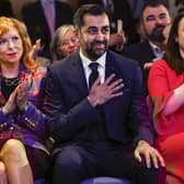 Humza Yousaf reacts as he is elected the new SNP leader. Picture: Jeff J Mitchell/Getty Images