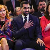 Humza Yousaf reacts as he is elected the new SNP leader. Picture: Jeff J Mitchell/Getty Images