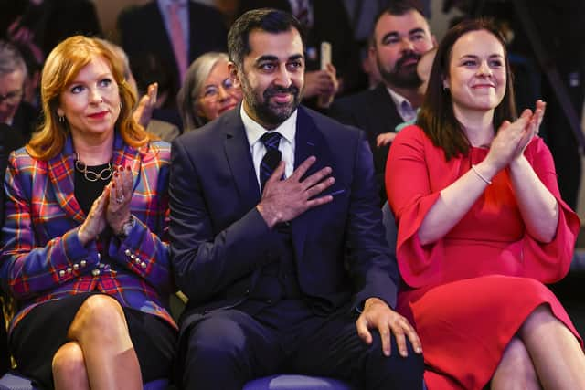 Humza Yousaf reacts as he is elected the new SNP leader. Picture: Jeff J Mitchell/Getty Images