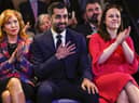 Humza Yousaf reacts as he is elected the new SNP leader. Picture: Jeff J Mitchell/Getty Images