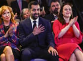 Humza Yousaf reacts as he is elected the new SNP leader. Picture: Jeff J Mitchell/Getty Images