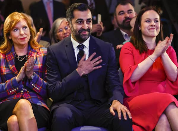 Humza Yousaf reacts as he is elected the new SNP leader. Picture: Jeff J Mitchell/Getty Images