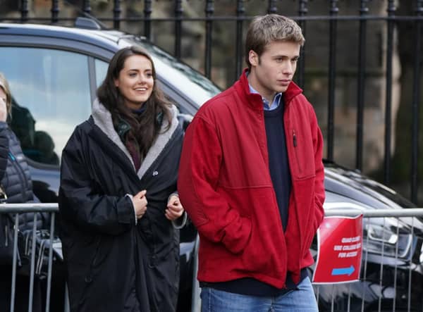 Actors Ed McVey, as Prince William and actress Meg Bellamy, who plays Kate Middleton in between filming scenes for the next season of The Crown in St Andrews, Scotland.