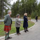His Majesty The King was greeted at the new bridge by Provost of Aberdeenshire Cllr Judy Whyte, Council Leader Cllr Gillian Owen and Council Chief Executive Jim Savege