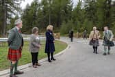 His Majesty The King was greeted at the new bridge by Provost of Aberdeenshire Cllr Judy Whyte, Council Leader Cllr Gillian Owen and Council Chief Executive Jim Savege