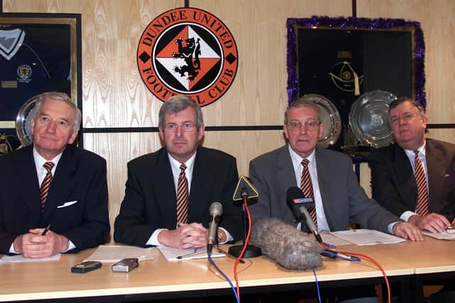 Bruce Robertson sits on the left alongside, from left to right, fellow Dundee United directors Bill Littlejohn, Doug Smith (chairman) and Don Ridgway at Tannadice in 2001. Robertson's father Errnest is the club's longet-serving chairman