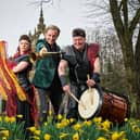 Tommy Smith of the Scottish National Jazz Orchestra with Edina Nagy and Neil Mackie of the Mugenkyo Taiko Drummers PIC: Courtesy of Perth Festival