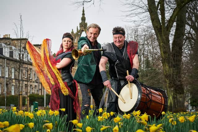 Tommy Smith of the Scottish National Jazz Orchestra with Edina Nagy and Neil Mackie of the Mugenkyo Taiko Drummers PIC: Courtesy of Perth Festival