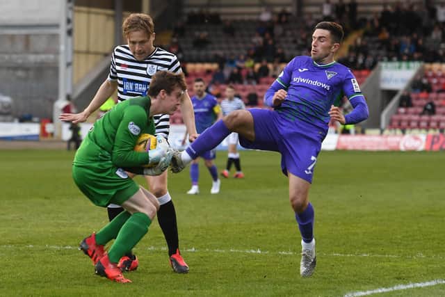 Dunfermline's Kevin O'Hara has a chance during the Championship play-off semi-final first leg against Queens Park at Firhill Stadium. (Photo by Craig Foy / SNS Group)