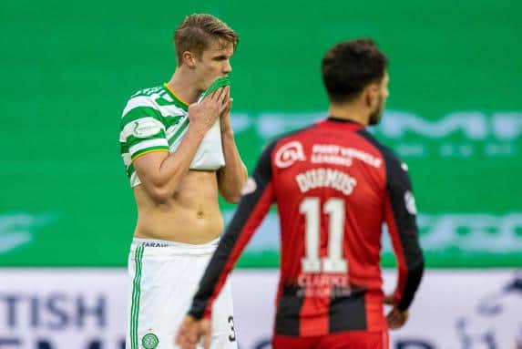 Celtic's Kristoffer Ajer is left frustrated during a Scottish Premiership match between Celtic and St Mirren at Celtic Park, on January 30, 2021, in Glasgow, Scotland. (Photo by Craig Williamson / SNS Group)