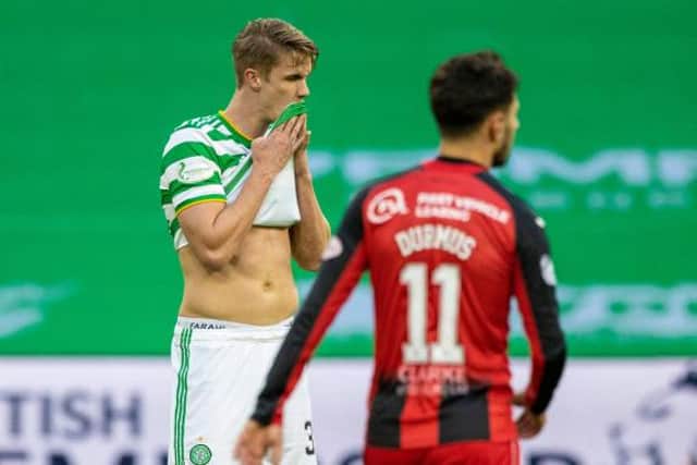 Celtic's Kristoffer Ajer is left frustrated  during a Scottish Premiership match between Celtic and St Mirren at Celtic Park, on January 30, 2021, in Glasgow, Scotland. (Photo by Craig Williamson / SNS Group)