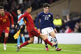 Aaron Hickey in action during Scotland's 2-0 win over Spain. (Photo by Rob Casey / SNS Group)