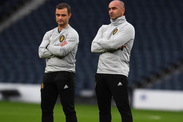 Roberto Martinez and  Maloney during a Belgium training session at Hampden in 2019.