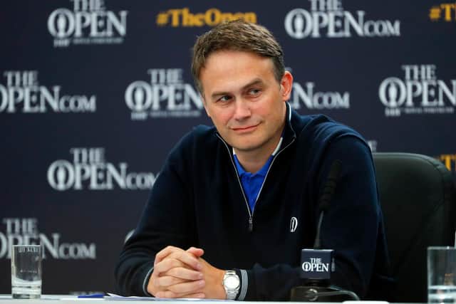 Johnnie Cole-Hamilton, The R&A's Executive Director - Championships, speaks to the media at a press conference prior to the 148th Open at Royal Portrush. Picture: The R&A