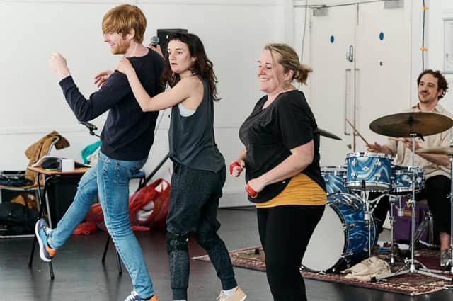 Medicine in rehearsal, with (from l-r) Domhnall Gleeson, Aoife Duffin and Clare Barrett PIC: Sarah Weal
