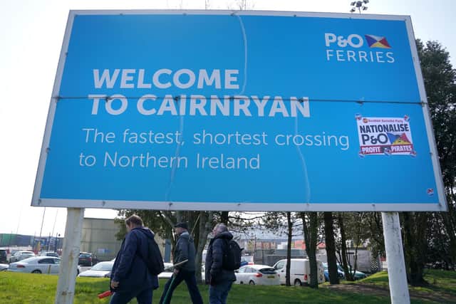 The sign welcoming drivers to the P&O ferry terminal in Cairnryan, Dumfries and Galloway