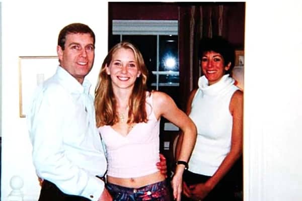 A picture reportedly showing Prince Andrew, Virginia Roberts, aged 17, and Ghislaine Maxwell at Ghislaine Maxwell's townhouse in London in 2001