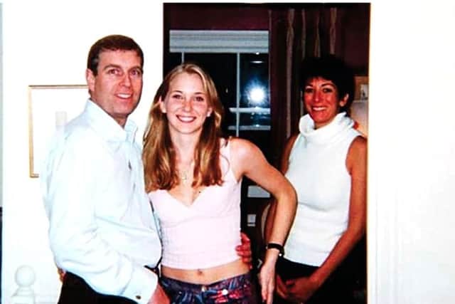 A picture reportedly showing Prince Andrew, Virginia Roberts, aged 17, and Ghislaine Maxwell at Ghislaine Maxwell's townhouse in London in 2001