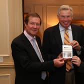 Peter Oosterhuis pictured being presented with his DP World Tour honorary life membership by lifelong friend and former DP World Tour chief excutive George O'Grady and his successor Keith Pelley at a dinner at Augusta Country Club during the 2016 Masters. Picture: Getty Images/DP World Tour