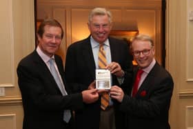 Peter Oosterhuis pictured being presented with his DP World Tour honorary life membership by lifelong friend and former DP World Tour chief excutive George O'Grady and his successor Keith Pelley at a dinner at Augusta Country Club during the 2016 Masters. Picture: Getty Images/DP World Tour