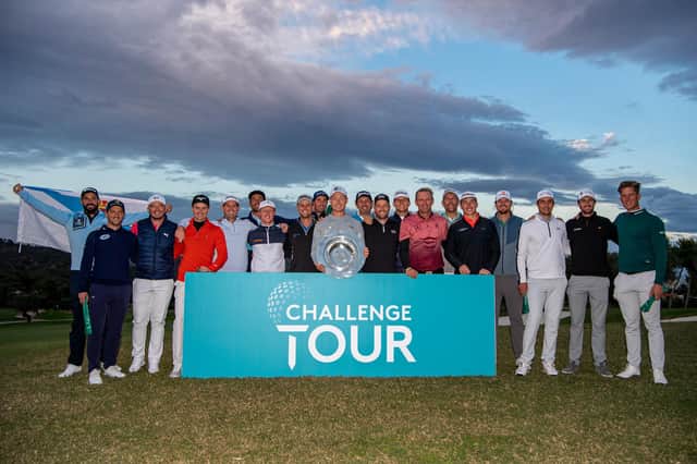 Scottish duo Ewen Ferguson, thid left, and Craig Howie, seventh left, celebrate with their fellow Challenge Tour graduates at the end of the Rolex Challenge Tour Grand Final supported by the R&A at T-Golf & Country Club in Mallorca. Picture: Octavio Passos/Getty Images.