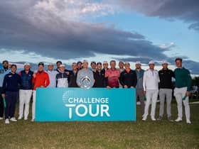 Scottish duo Ewen Ferguson, thid left, and Craig Howie, seventh left, celebrate with their fellow Challenge Tour graduates at the end of the Rolex Challenge Tour Grand Final supported by the R&A at T-Golf & Country Club in Mallorca. Picture: Octavio Passos/Getty Images.