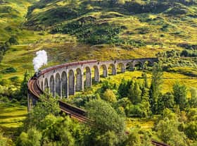 Glenfinnan Railway Viaduct with the Jacobite steam train passing over