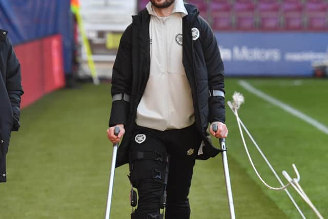 Halkett was spotted on crutches ahead of Monday's 3-0 win over Hibs at Tynecastle.