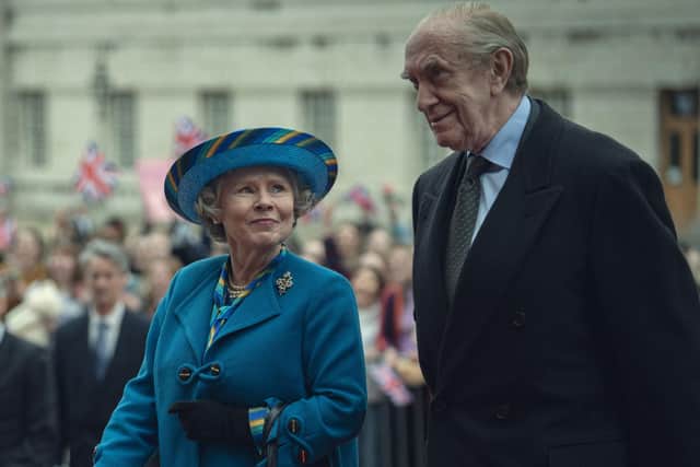 Imelda Staunton as Queen Elizabeth II and Jonathan Pryce as Prince Philip in The Crown. Pic: Justin Downing/Netflix