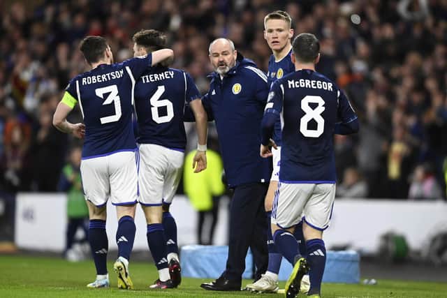Scotland manager Steve Clarke issues instructions to his players following Scott McTominay's second goal v Spain (Photo by Rob Casey / SNS Group)