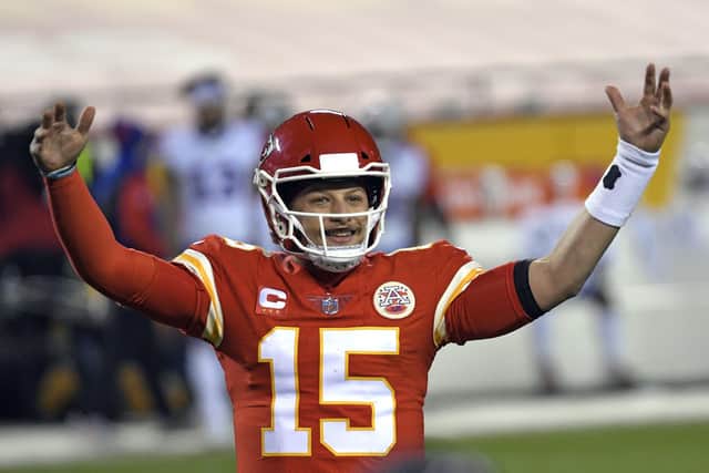 Kansas City Chiefs quarterback Patrick Mahomes celebrates at the end of the AFC championship game against the Buffalo Bills. Picture: Reed Hoffmann/AP
