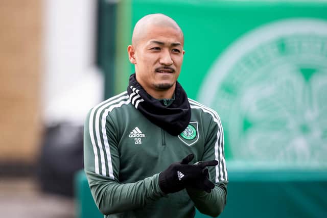 Celtic's Japanese striker Daizen Maeda during a training session at Lennoxtown this week ahead of the potential title clincher at Hearts on Sunday. (Photo by Craig Williamson / SNS Group)