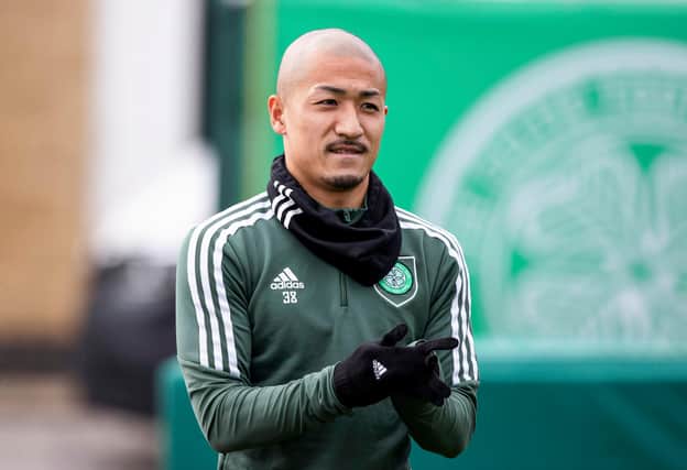 Celtic's Japanese striker Daizen Maeda during a training session at Lennoxtown this week ahead of the potential title clincher at Hearts on Sunday. (Photo by Craig Williamson / SNS Group)