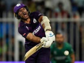 Scotland's captain Kyle Coetzer reacts after playing a shot during the ICC mens Twenty20 World Cup cricket match between Pakistan and Scotland. (Photo by AAMIR QURESHI/AFP via Getty Images)