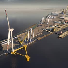 CGI image showing proposed outer berth at the Port of Leith with floating foundation and offshore wind turbine which is part of the Leith Renewables Hub announced in May.