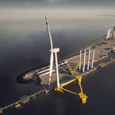 CGI image showing proposed outer berth at the Port of Leith with floating foundation and offshore wind turbine which is part of the Leith Renewables Hub announced in May.