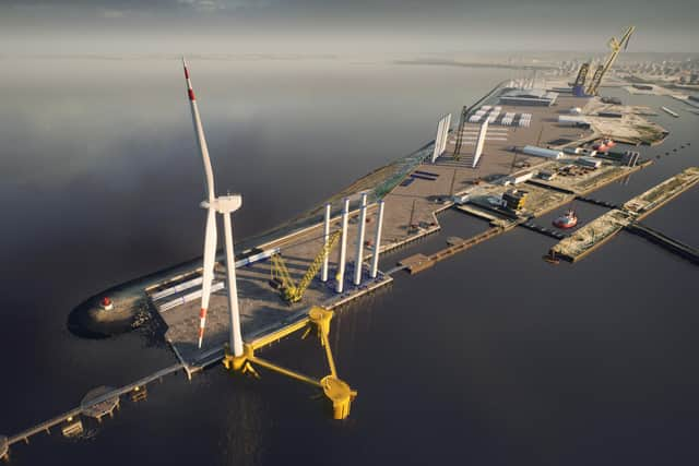 CGI image showing proposed outer berth at the Port of Leith with floating foundation and offshore wind turbine which is part of the Leith Renewables Hub announced in May.