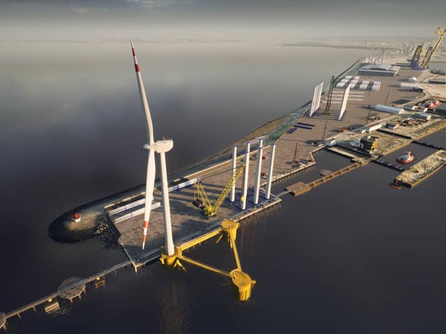 CGI image showing proposed outer berth at the Port of Leith with floating foundation and offshore wind turbine which is part of the Leith Renewables Hub announced in May.