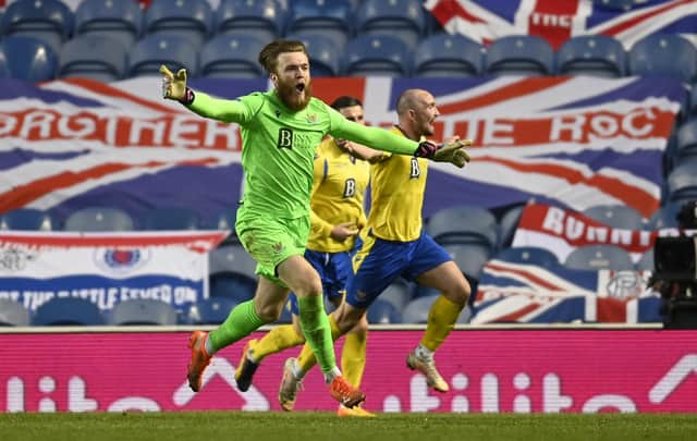 Zander Clark celebrates after scoring to make it 1-1 during a Scottish Cup match between Rangers and St Johnstone at Ibrox Stadium on April 25, 2021, in Glasgow, Scotland. (Photo by Rob Casey / SNS Group)