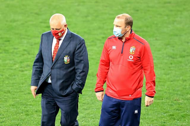 Lions head coach Warren Gatland with tour media manager, Tim Percival. Picture: David Rogers/Getty Images