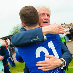 Spartans' chairman Craig Graham celebrates with the players after the play-off victory over Albion Rovers that sealed promotion to the SPFL. (Photo by Sammy Turner / SNS Group)