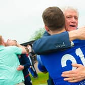 Spartans' chairman Craig Graham celebrates with the players after the play-off victory over Albion Rovers that sealed promotion to the SPFL. (Photo by Sammy Turner / SNS Group)