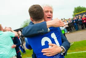 Spartans' chairman Craig Graham celebrates with the players after the play-off victory over Albion Rovers that sealed promotion to the SPFL. (Photo by Sammy Turner / SNS Group)