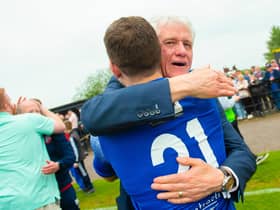 Spartans' chairman Craig Graham celebrates with the players after the play-off victory over Albion Rovers that sealed promotion to the SPFL. (Photo by Sammy Turner / SNS Group)