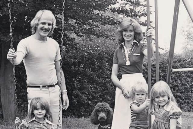 Gabby Logan (far right) with her parents Terry Yorath, mother Christine, sister Louise, brother Daniel and family dog Sadie.